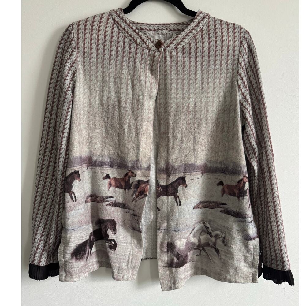 Doña Guiomar Horse Print Cardigan‎ Artsy Equestrian Cottagecore Western Sz 46